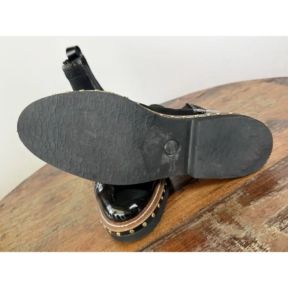 Free People Black Suede Chelsea Ankle Boots Patent Cap Toe Studded EU 38 US 7.5